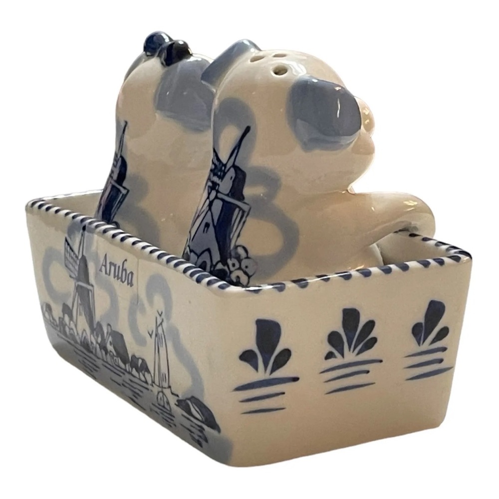 Delft Blue Pigs Salt & Pepper Shakers & Holder Pig Figure Aruba Collectible Set - Picture 3 of 16